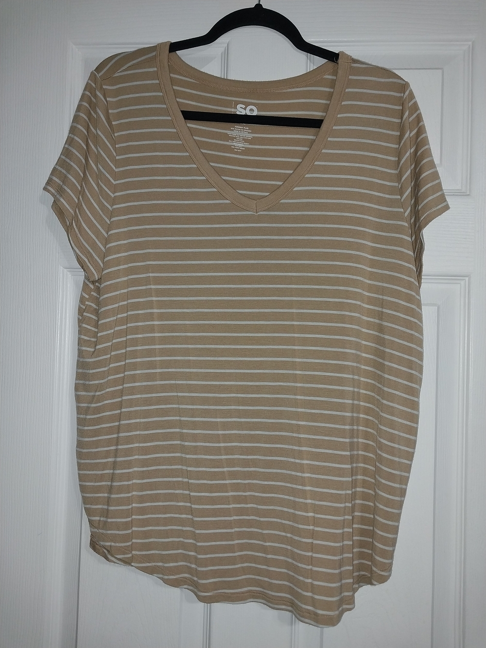 SO Women's Beige/White Striped V-Neck Short Sleeve Tee